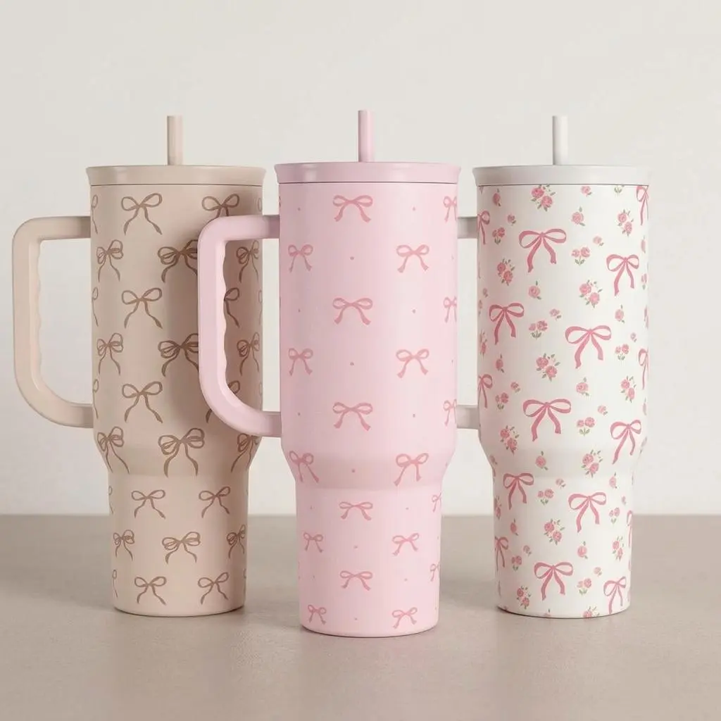 SANDJEST Coquette Bow Print 40oz Double Wall Stainless Steel Slider Tumbler with Handle, Vacuum Insulated Hot-Cold Kitchen Drinkware, Cup Holder Friendly Daily Use Thoughtful Gift for Coworkers, Friends, Flasks, Coquette Bows