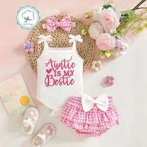 Toddler Baby Girls Summer 3Pcs Outfit, "Auntie Is My Bestie" Ribbed Suspender Bodysuit + Houndstooth Bloomers + Headband Set summerwins