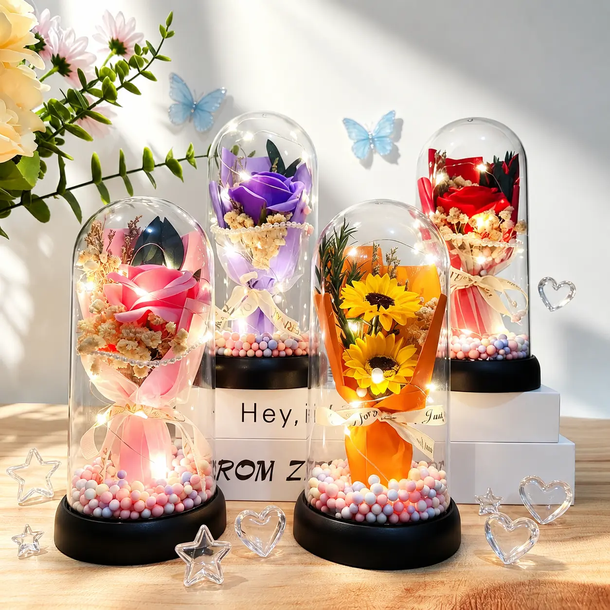 Lighted Acrylic Dome Preserved Flower Bouquet - LED Light, Soap Roses, Carnations, Tulips, Rose Flower Arrangement Party Gifts, Forever Rose Party Gifts for Mom
