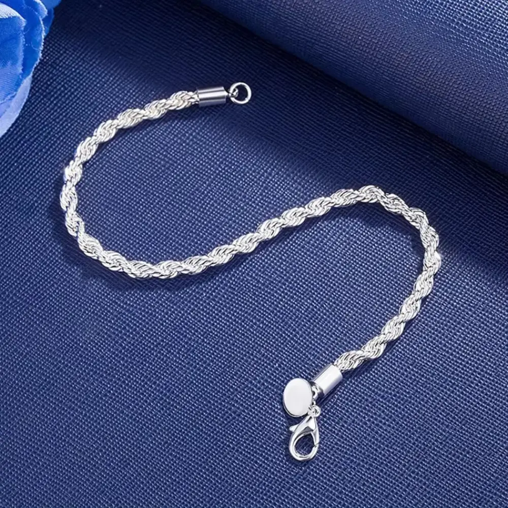 925 Sterling Silver 4mm Rope Chain High Quality Bracelet, Unisex Twisted Link Classic Simple Jewelry for Men, Bracelets for Travel Accessorizing
