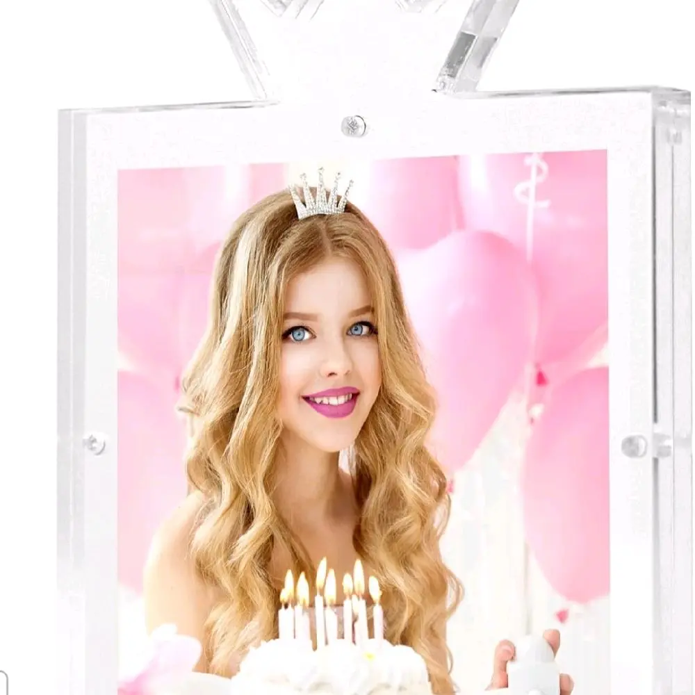 Crown Design Decor - Acrylic Floating Photo, 6x6, Beauty Pageant Photo Frame, Cheerleading Picture Frame, Double Sided Clear Standing Desk Side Table Decor