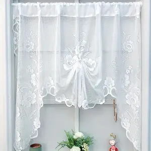 Solid Color Lace Curtain, 1 Count Flower Pattern Exquisite Romantic Window Curtain, Window Drapes for Home Living Room Bedroom Decor, Net Curtains Window