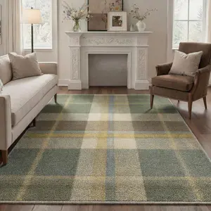 【Deals For You Days】GENIMO Washable Rug Non Slip Low Pile Lightweight Plaid Print Pattern Area Rugs for Living Room Bedroom Dining Room Indoor Home Decor Sage Green
