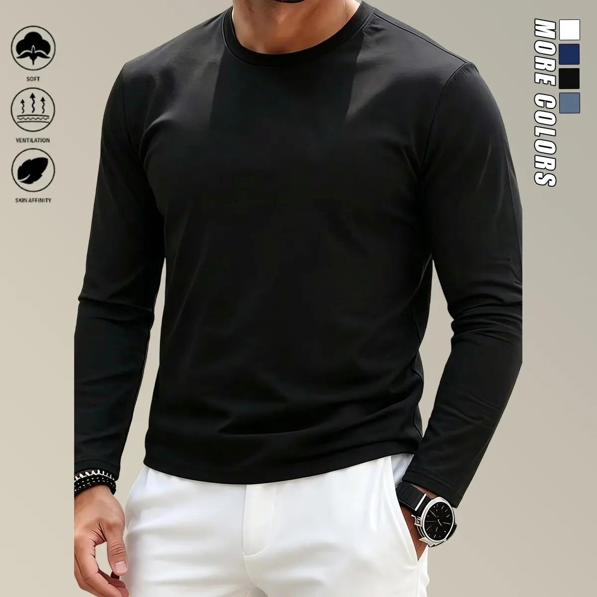 Men's Athletic Casual Long Sleeve Round Neck Moisture Wicking Shirts - Breathable Knit Polyester Fiber Fitted Cut Quick-Dry Elastic Sports Apparel for Running, Basketball, Slight Stretch