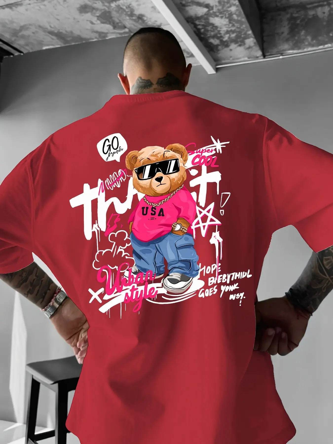 Men's Loose Fit Teddy Bear Print T-Shirt, Hip Hop Street Style Casual Short Sleeve, Graffiti Aesthetic Men's Top, All Seasons