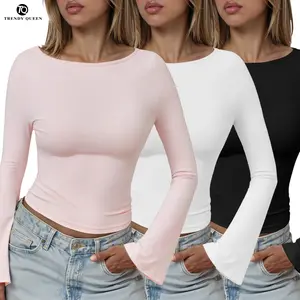 TRENDY QUEEN Women's 3-Piece Long Bell Sleeve Shirts Off-The-Shoulder Neckline Basic Crop Slim Fit Y2K Tops for Fall Fashion & Casual Outings