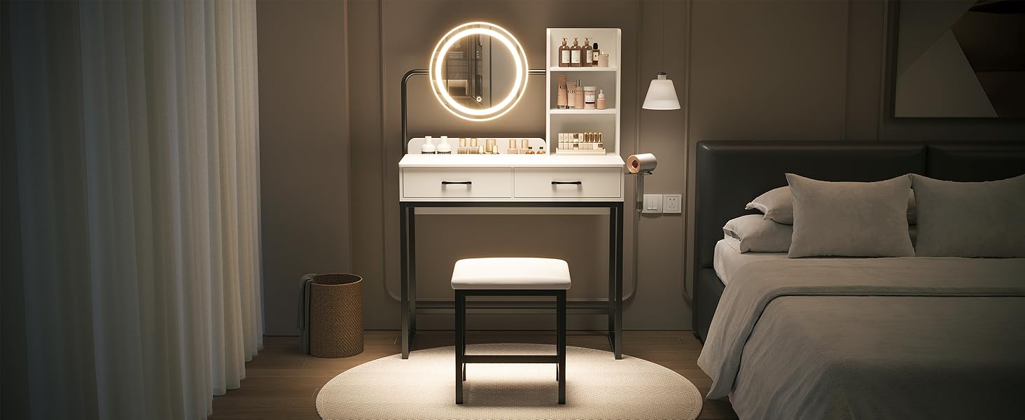 [Summervibes] Vanity Desk with 360° Rotating LED Mirror & Lights, 2 Drawers & 6 Shelves, Dressing Table with Power Outlet & Hair Dryer Holder – Perfect Gift for Her & Bedroom Essential