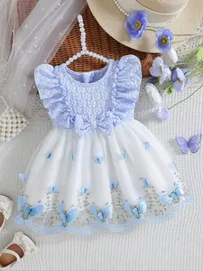 Baby Girl Summer Mesh Dress, Princess Style Contrast Color Design, Breathable Fabric, Cute Bubble Sleeves, Bombshell Baby Dress, Suitable for 0-3 Years