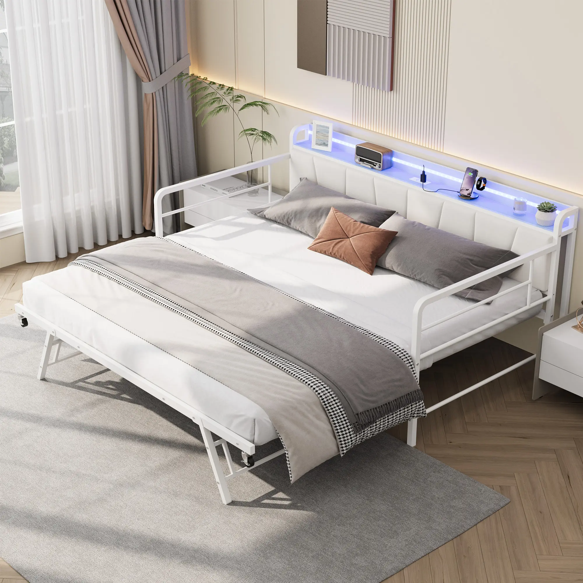 Linen Upholstered Twin Daybed with Pop-up Trundle, Storage Headboard with LED Light and Charging Station, Sturdy Metal Frame, Practical Guest Bed for Bedroom and Living Room