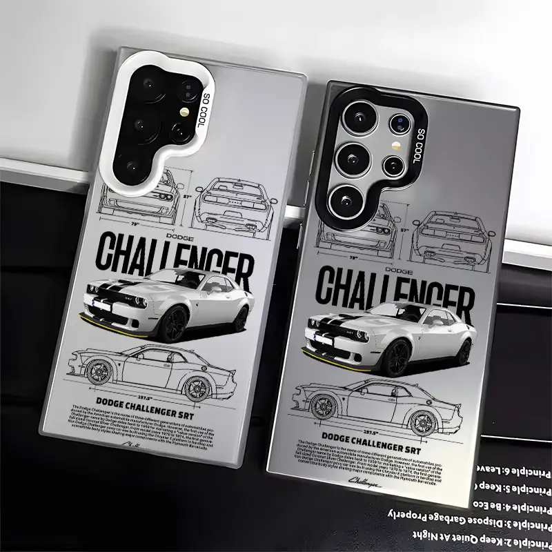 Dodge Challenger SRT Blueprint Aesthetic Customized Smartphone Case - Shockproof, Anti-Scratch Protective Casing for iPhone 16 15 14 13 12 11 XS 7 8 Plus ProMax, Samsung S22 S23 S24 S25 Plus Ultra - Hard TPU PET PC Black Handheld Cover Fashion Accessory,