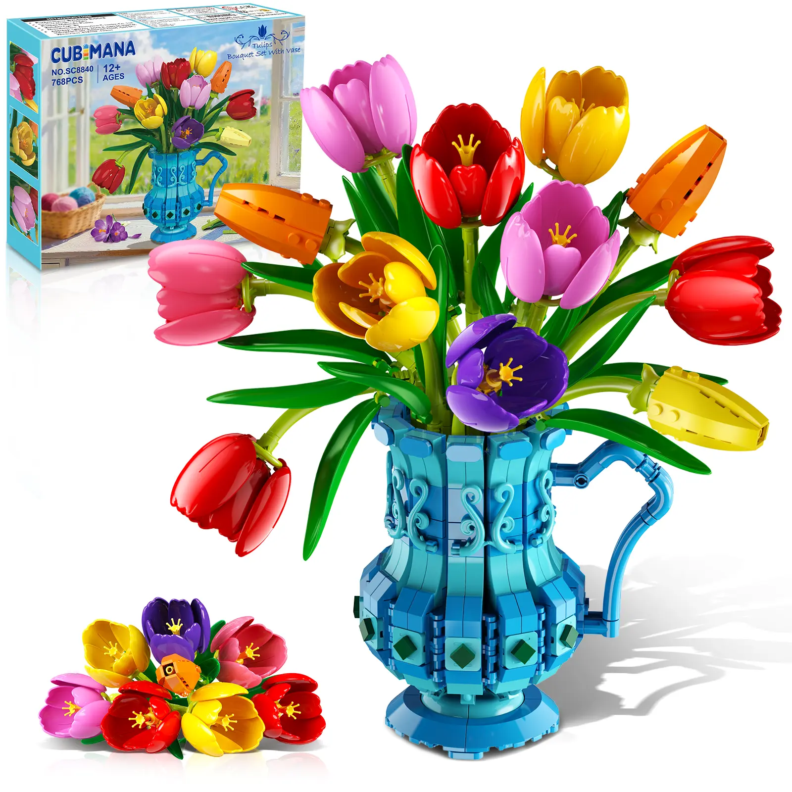 CUBIMANA Flowers Botanicals Tulip Building Set with Vase, 768PCS Artificial Bonsai Plant Blocks Toy, Home Office Desk Indoor Decor Craft Kit, Valentine Birthday Gift for Adults Women Her Mom Girls 12+