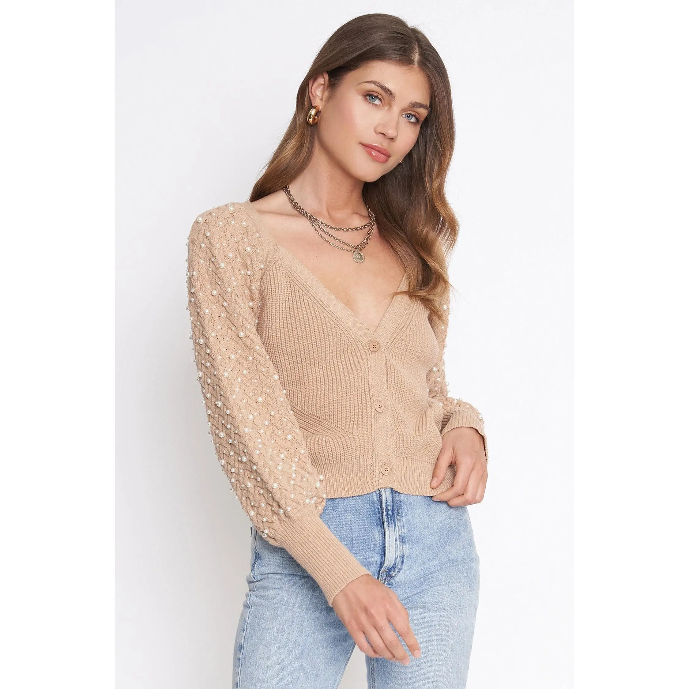 ABBY COTTON BLEND PEARL CARDIGAN - BEIGE