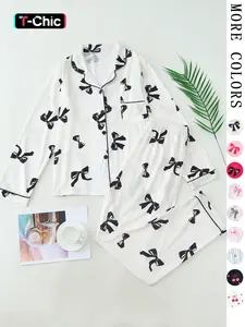 Bow Print Pajama Set, Womenswear, French Style Casual Button Down Long Sleeves PJs, Soft 2-Piece Fitted Loungewear Outfit for Women, Perfect Bridal Party & Gift PJ Set