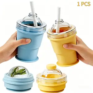 2-In-1 Collapsible Silicone Ice Ball Maker Cup, Reusable Portable Ice Sphere Mold With Straw & Lid, Leakproof Travel Tumbler For Whiskey, Coffee, Juice