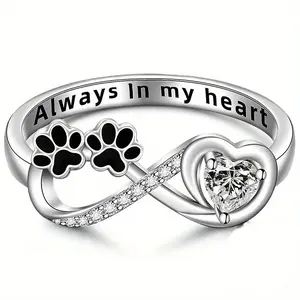 Women's Exquisite Diamond-Encrusted Puppy Paw & Heart-Shaped Cat Paw Promise Ring, European-American Fashion Statement Piece, Diamonds Ring for Costume Jewelry Accessories