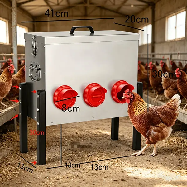 Automatic Chicken Feeder Box, Galvanized Steel Rust-Resist Metal Poultry Chicken Supplies, 6 Feeding Ports, Waste-Free Anti-Waste Design, Locking Lid, Adjustable Legs