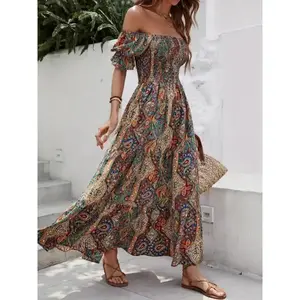 Vibrant Boho Chic Off-Shoulder Floral Print Maxi Dress for Women - Paisley Pattern, Flounce Sleeve, High Waist, Ruffled Hem, 100% Polyester, Non-Stretch Woven Fabric - Perfect for Beach & All Seasons Casual Womenswear