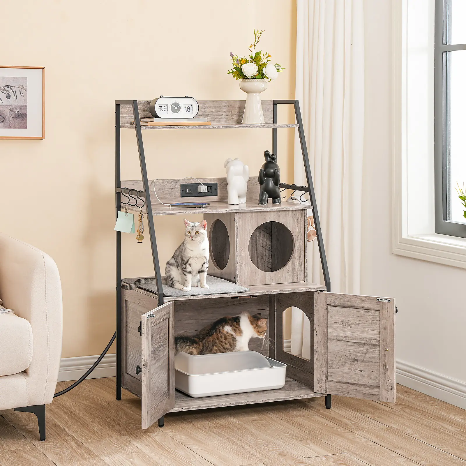 HOOBRO Litter Box Enclosure with 2 Storage Shelves, Tall Litter Box Furniture Hidden with Charging Station, Indoor Cat Furniture with Plush Mat, Greige #SummerVibes #petlovers