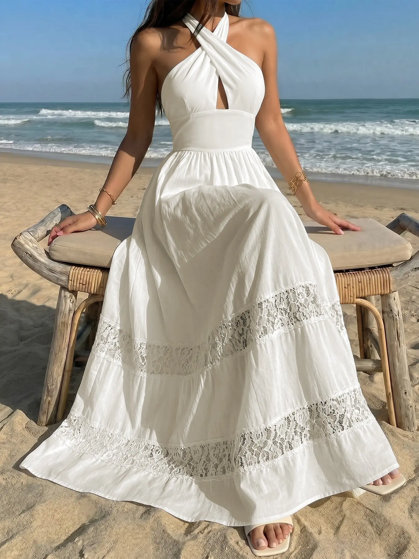 Halter Backless Lace Tiered Maxi Dress for Women, Bohemian Aesthetic Flowy White Solid Long Gown, Cutout Sleeveless High Waist Beach Vacation Outfit, Lace Spliced Tiered Skirt for Resort, Travel, Wedding Guest, Bridal Shower Dress, Sleeveless Dresses