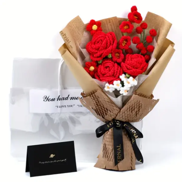 Handmade Crochet Flower Bouquet with Greeting Card & Gift Bag