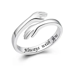 To My Daughter Hug Ring - Always With You Silver Adjustable Hugging Hand Ring for Mothers Day & Birthdays Symbol of Love and Protection Ideal Gift for Daughter Heart Design Ring