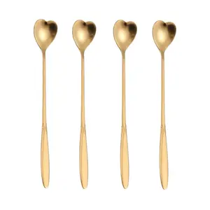 16 Pieces Heart Shaped Spoon Coffee Teaspoon 7 Inch Set Stainless Steel Long Handle for Ice Cream (Gold)
