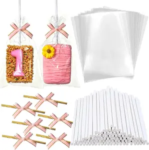 100PCS Rice Crispy Treat Bags 4x6in with Sticks and Ties Bow, Clear Cellophane for Rice Krispies Individually Wrapped Cake Pop Bags with Ties Cakesicles Lollipop Candy Making Cookies Packaging