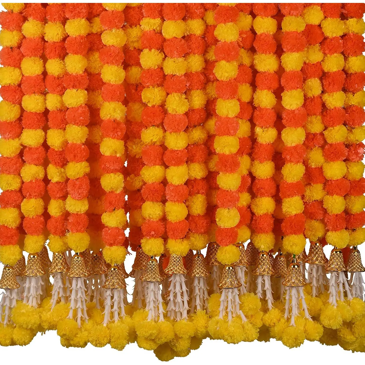 Marigold Garland for Decoration 5 count of 5  Long Strands Artificial Marigold  with Bell, Indian Decor for Pooja/Diwali Decorations/Christmas (Yellow) (Orange + Yellow)