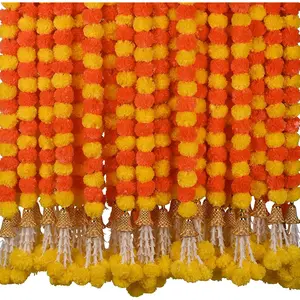 Marigold Garland for Decoration 5 count of 5  Long Strands Artificial Marigold  with Bell, Indian Decor for Pooja/Diwali Decorations/Christmas (Yellow) (Orange + Yellow)