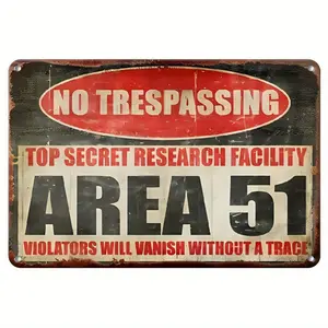 Vintage Area 51 No Trespassing Sign, Funny Top Secret Research Facility Metal Wall Art, Alien Warning Decor for Man Cave, Home, Office, Bar, Garage, Unique Gift Idea, 8"x12", Red & Black Retro Design, Metal Wall Art Decor Decoration Hanging Light