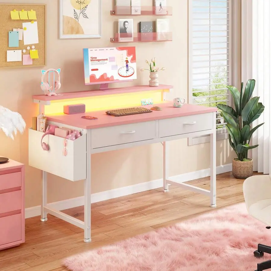 39.4"D Pink Computer Desk With LED Strip Lights & Ergonomic Monitor Stand 2 Fabric Drawers & Side Pocket Home Office Desk For Woman