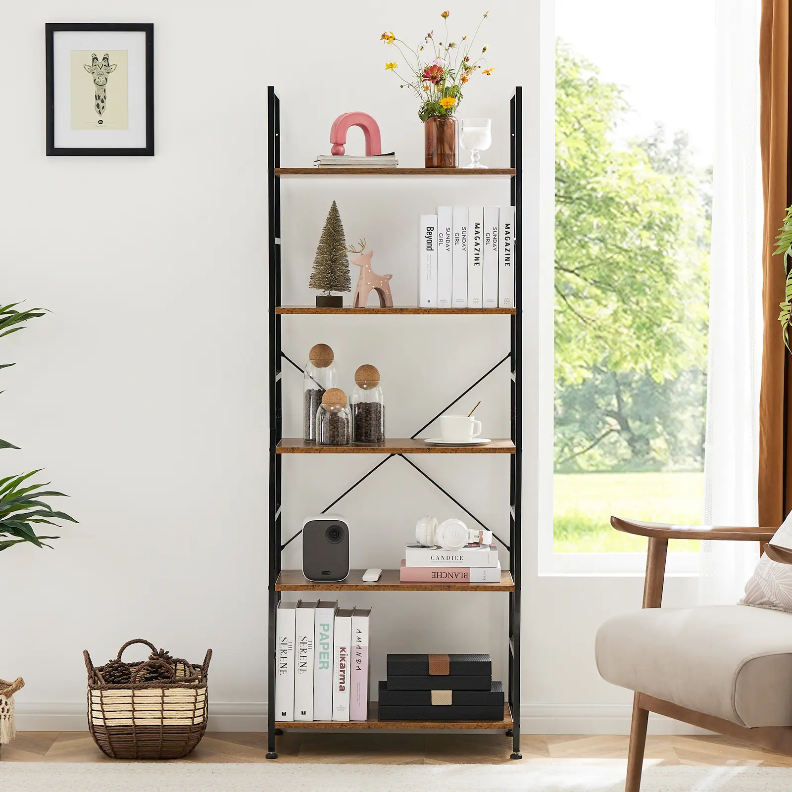 Sweetcrispy Industrial Modern 5-Tier Tall Bookshelf Book Rack - Wall Corner Storage with Antitip Safety Kit, Anti-Scratch Coat, Waterproof Panels for Books, CDs, Movies in Bedroom, Home Office