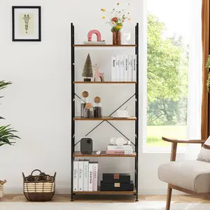 Sweet Furniture F Industrial Modern 5-Tier Tall Bookshelf - Bookcase for Books, CDs, Movies, Corner Storage and Organization in Bedroom, Home Office, Kitchen, Living Room