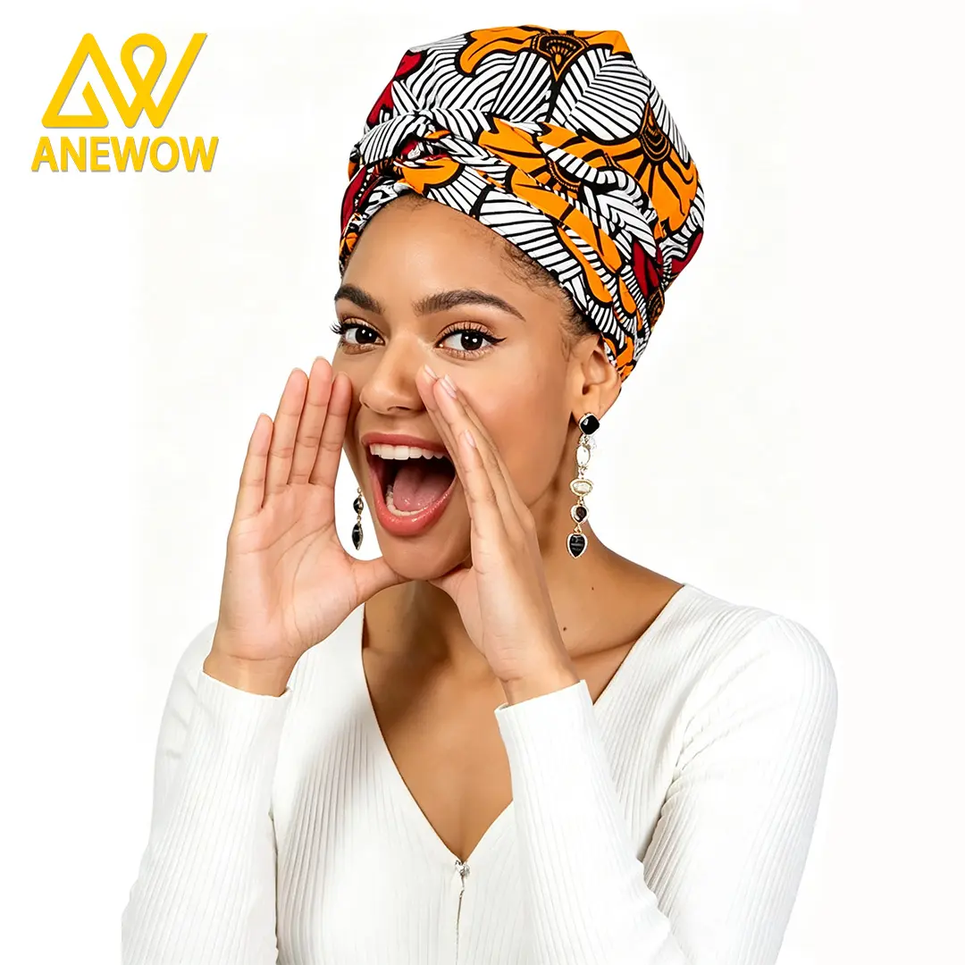 ANEWOW Women's Satin-Lined Turban, Soft Pre-Tied Ankara Headwrap in Orange Red Paisley, African Print Stretch Hair Scarf for Natural Curly Hair, One-Size Head Scarves
