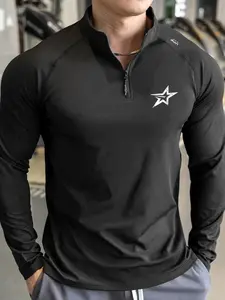 Men's Slim Fit Half-Zip Stand Collar Long Sleeve Shirt, Star Print Moisture-Wicking Sports Top, Elastic for Gym Workout Daily Casual Street Style