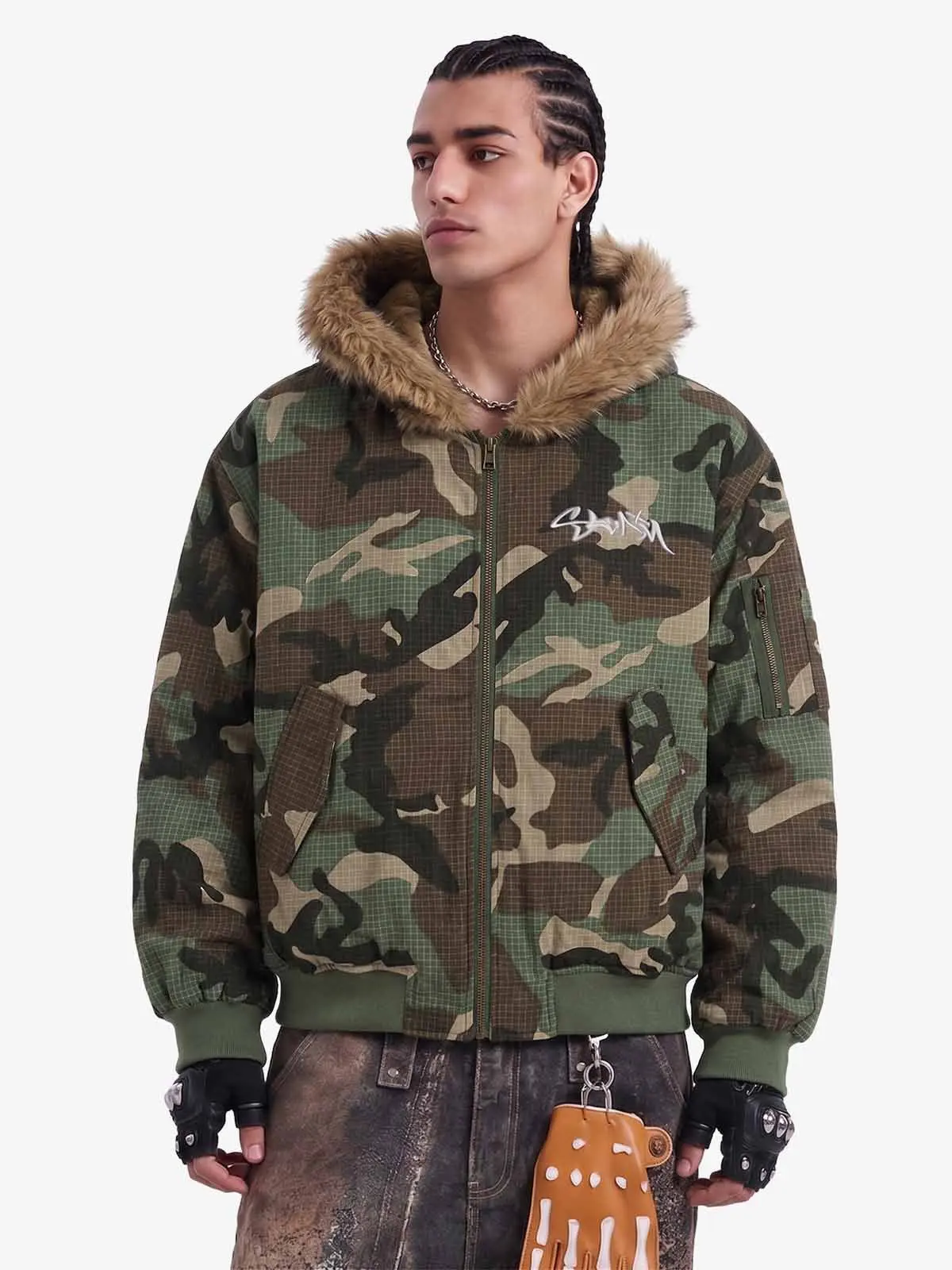 Thesupermade Men's Camouflage Reversible Cotton Coat - Faux Fur Hood Zipper Jacket, Outdoor Workwear Tops for Winter Streetwear, Fabric, Coats, Everyday