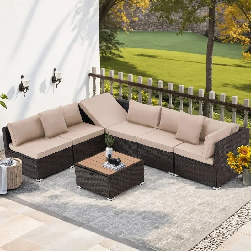 7-Piece Outdoor Patio Furniture Set with Cushions, Adjustable Backrest Wicker Rattan Sectional Sofa Set for Backyard, Garden & Poolside