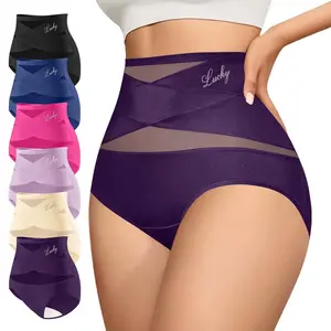 【Pluz Size】Morelect 6 Pcs Women's High Waist Panties Tummy Control, Cross-Ventilation Mesh Cheeky Briefs, Lightweight & Breathable Underwear, Lucky Logo All Season Undies 5-Pack,mothersdaygift.