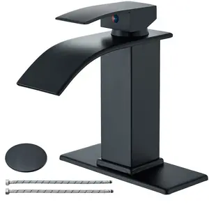 Senlesen Waterfall Bathroom Faucet Matte Black Single Handle Bathroom Sink Mixer Tap for 1/3 Hole Washbasin Faucet with Cover/Drain and Supply Hoses