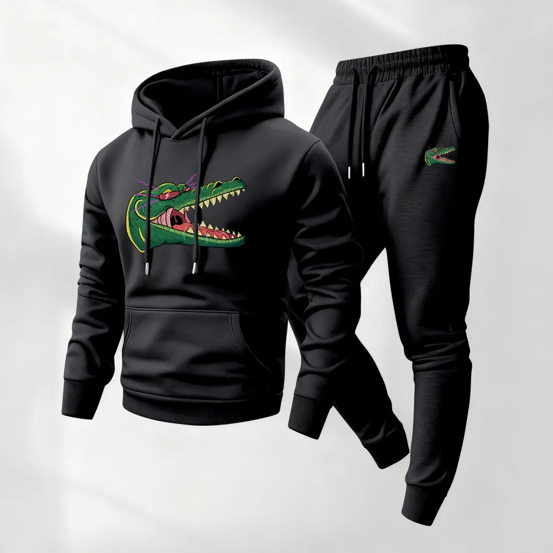 Men's Cartoon Graffiti Crocodile Print Hoodie and Drawstring Sweatpants Set,Menswear,Casual Athletic Long Sleeve Hooded Jacket & Trousers for Fall & Winter,Men's Clothing for Daily Wear,Sportswear Indoor Outdoor,Tracksuit, Athleisure Summer Clothes