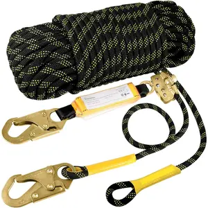 Rope Harness Safety Lanyard 50ft Vertical Roofing Rope With Grab Snap Shock Fall Protection Tree Climbing Line Kit Roof Safety Equipment ANSI CE Carabiner For Leash Protective Gear