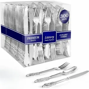 300 Pcs Silver Plastic Silverware Set- 100/Forks Spoons Knives Heavy Duty Disposable Utensil Cutlery Dinner Party silver utensils plastic flatware 14e