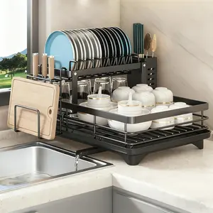 Double Layer Automatic Drain Dish Rack, Kitchen Counter and Sink, Large Capacity Detachable Stainless Steel Storage Rack, Dish Drying Rack Organiser, Dish Drainer Organizer