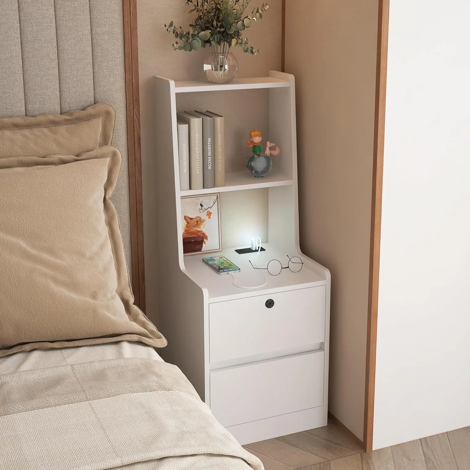 White Modern Smart Nightstand Cabinet - Built-in Charging Station, 3 Drawers, USB Ports, AC Outlets, 7-Color Smart Voice LED Bedside Table with Built-in Storage, Smart Led Lights