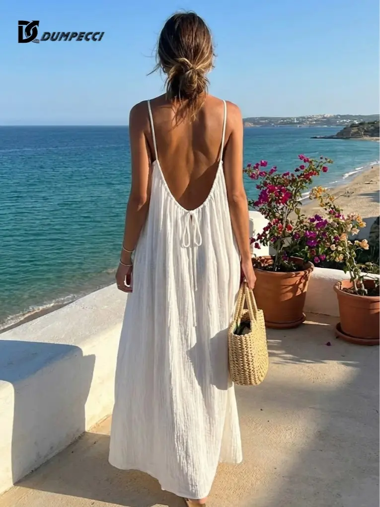 Women's Minimalist Crinkled Solid Color Adjustable Spaghetti Strap Ice Silk Loose Sleeveless Long Dress - Backless Cut Adds Confidence, Silky Touch, Soft on Skin, Breathable, for Casual Outings to Lounging, Summer Sleepwear