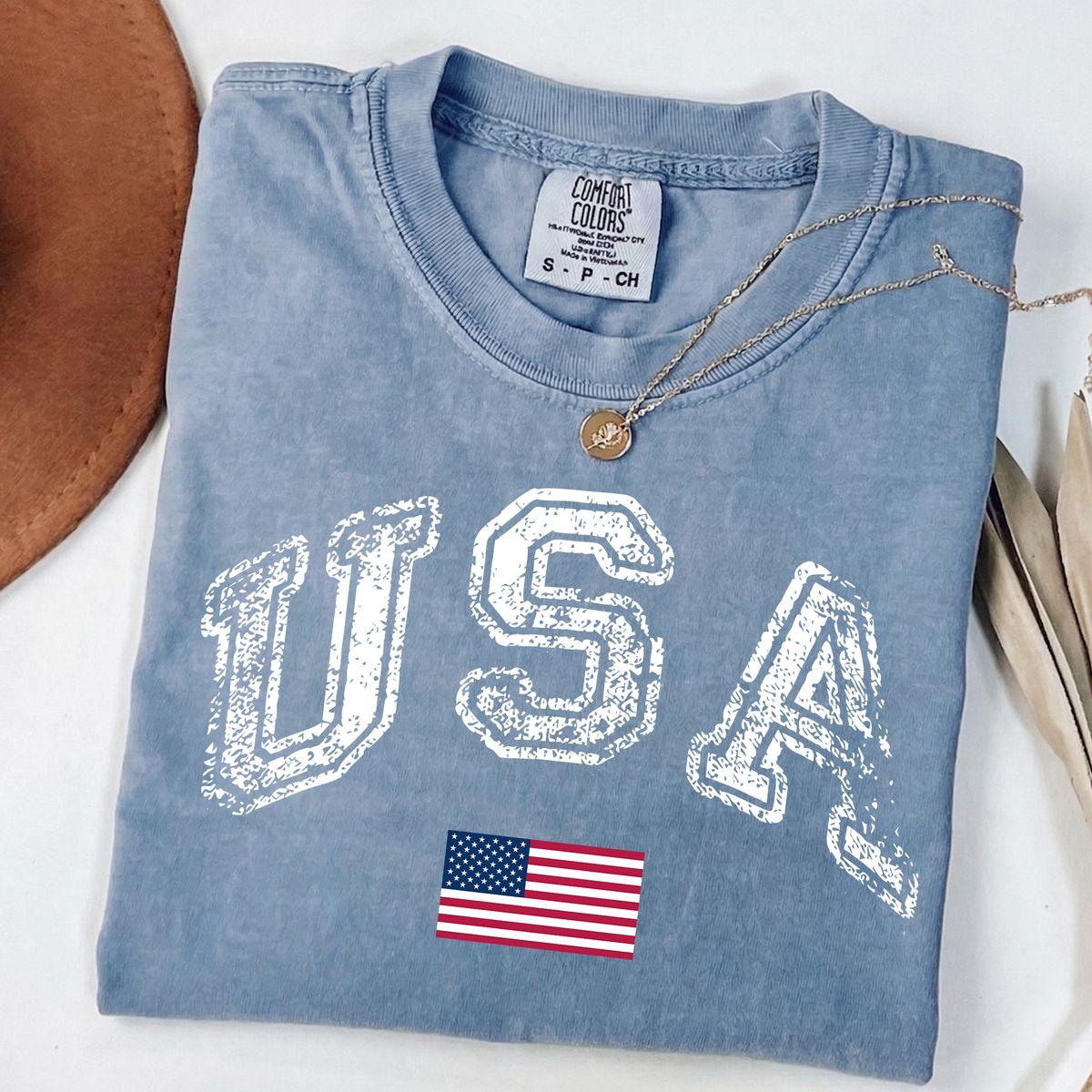 Comfort Colors Vintage Usa T Shirt, Retro Flag America Patriotic 4th Of July T shirt, Women’s Crew Neck