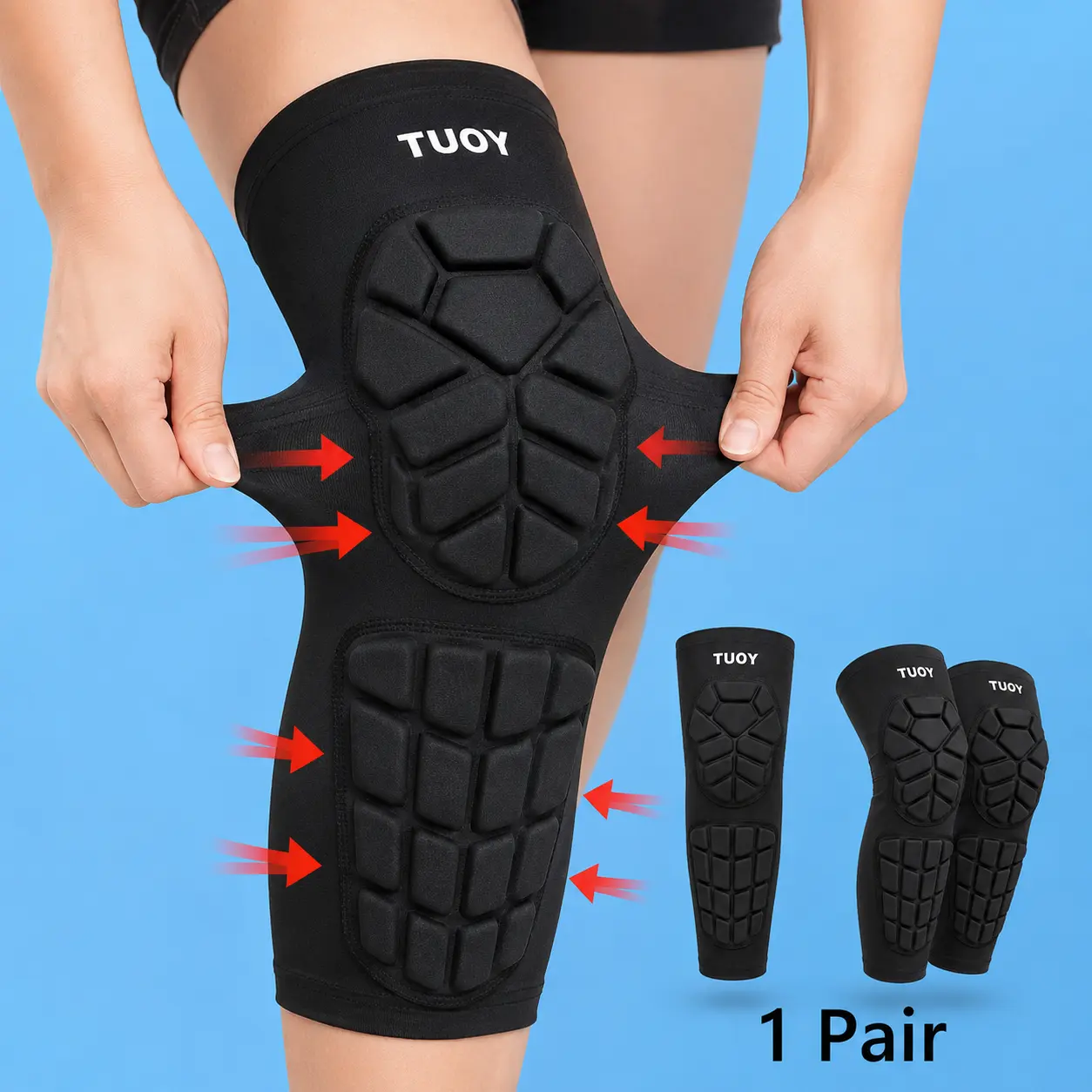 TUOY Padded Knee Compression Leg Sleeves - Breathable Lycra Polyester, Anti-Slip, Ergonomic Design, Pull-On, Reliable Protection, for Youth-Adults, Basketball, Volleyball (1 Pair, XL), Compression Sleeve For Knee Pain, Knee Brace Sleeve