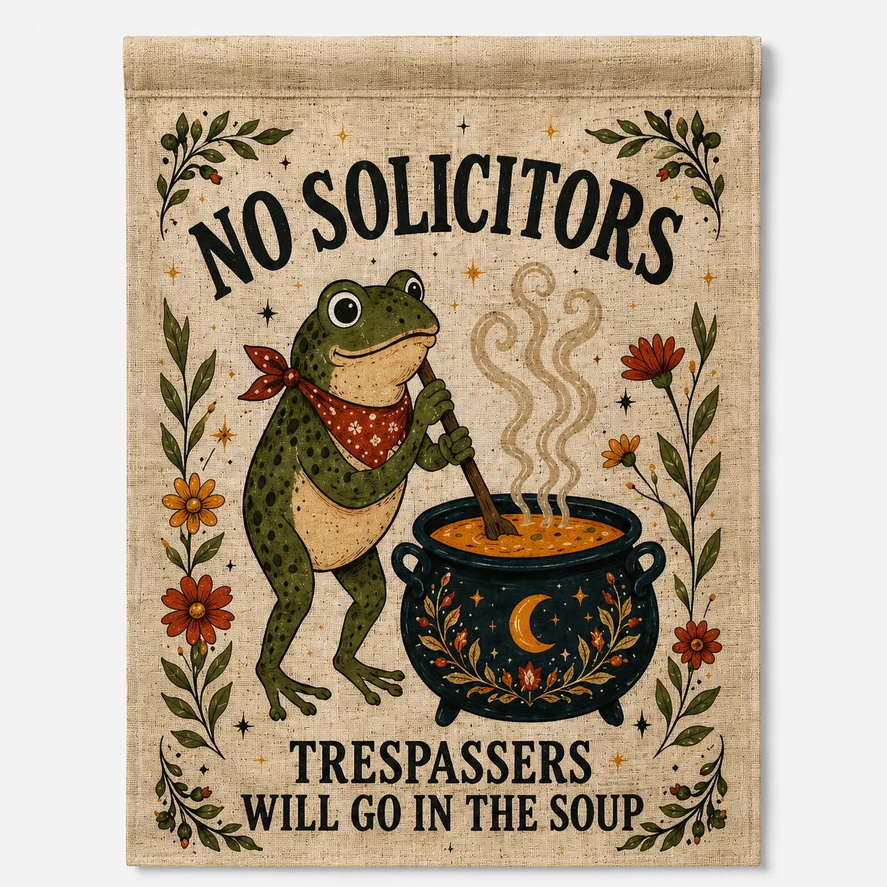 Vintage Playful Halloween Garden Flag (12x18 in) - No Solicitors Trespassers Will Go in the Soup Frog Cauldron Yard Flag, Fall Outdoor Porch Décor for Home Festive Supplies