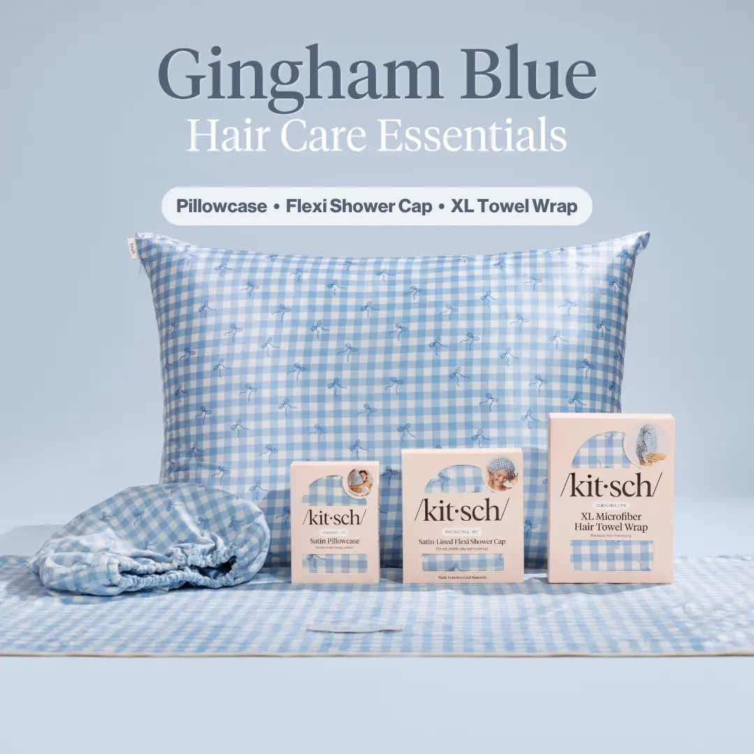 GINGHAM BLUE HAIR CARE ESSENTIALS BUNDLE – Kitsch Satin Pillowcase, Satin-Lined Shower Cap & XL Microfiber Hair Towel Wrap – Frizz Control, Hair Breakage Protection & Faster Drying