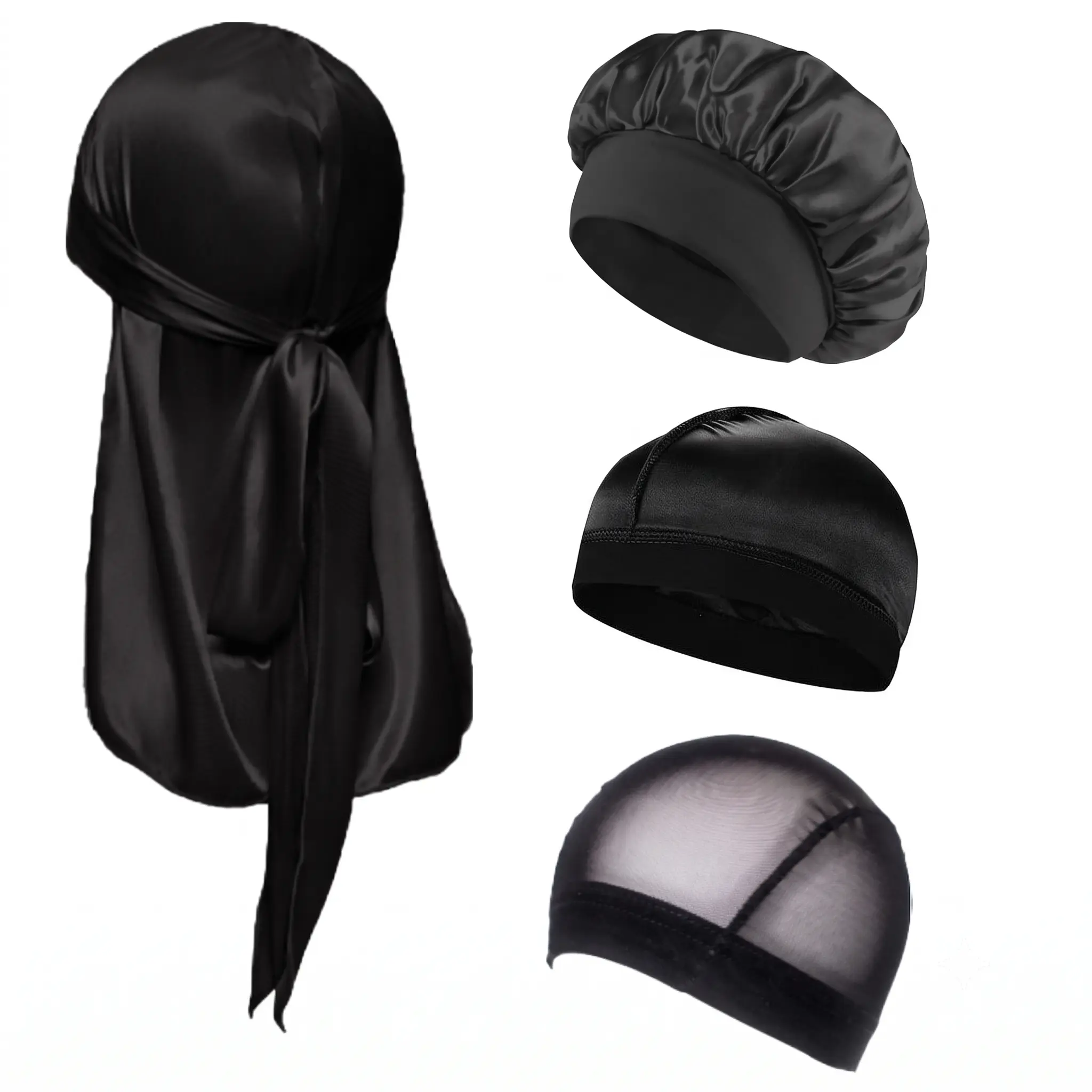 Premium Silky Satin Durag & Wave Cap Set – 4-Piece Hair Care Kit with Long Straps, Breathable Mesh Cap & Bonnet for 360 Waves & Nighttime Wear